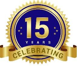 a graphic of a medal that says "celebrating 15 years"